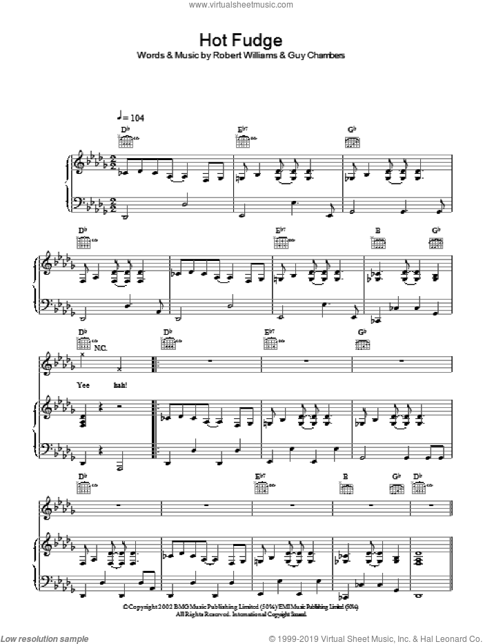 Hot Fudge sheet music for voice, piano or guitar by Robbie Williams, intermediate skill level