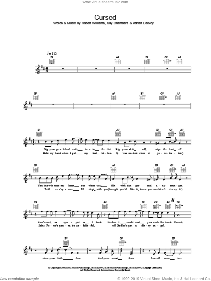 Cursed sheet music for voice and other instruments (fake book) by Robbie Williams, intermediate skill level
