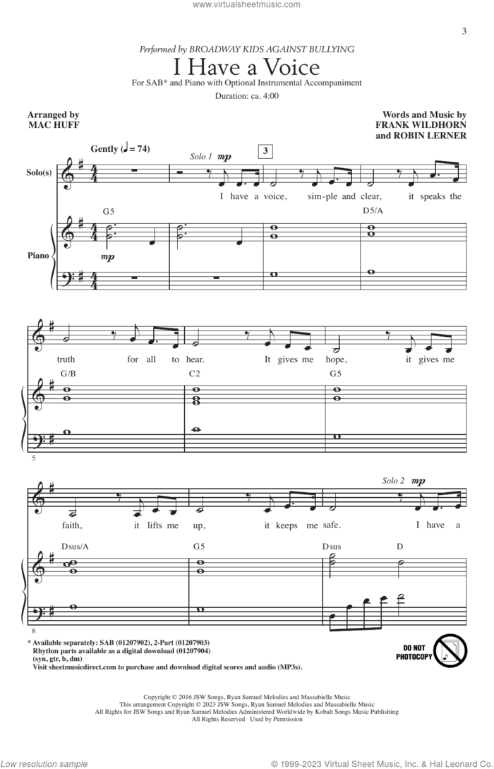 I Have A Voice (arr. Mac Huff) sheet music for choir (SAB: soprano, alto, bass) by Broadway Kids Against Bullying, Mac Huff, Frank Wildhorn and Robin Lerner, intermediate skill level