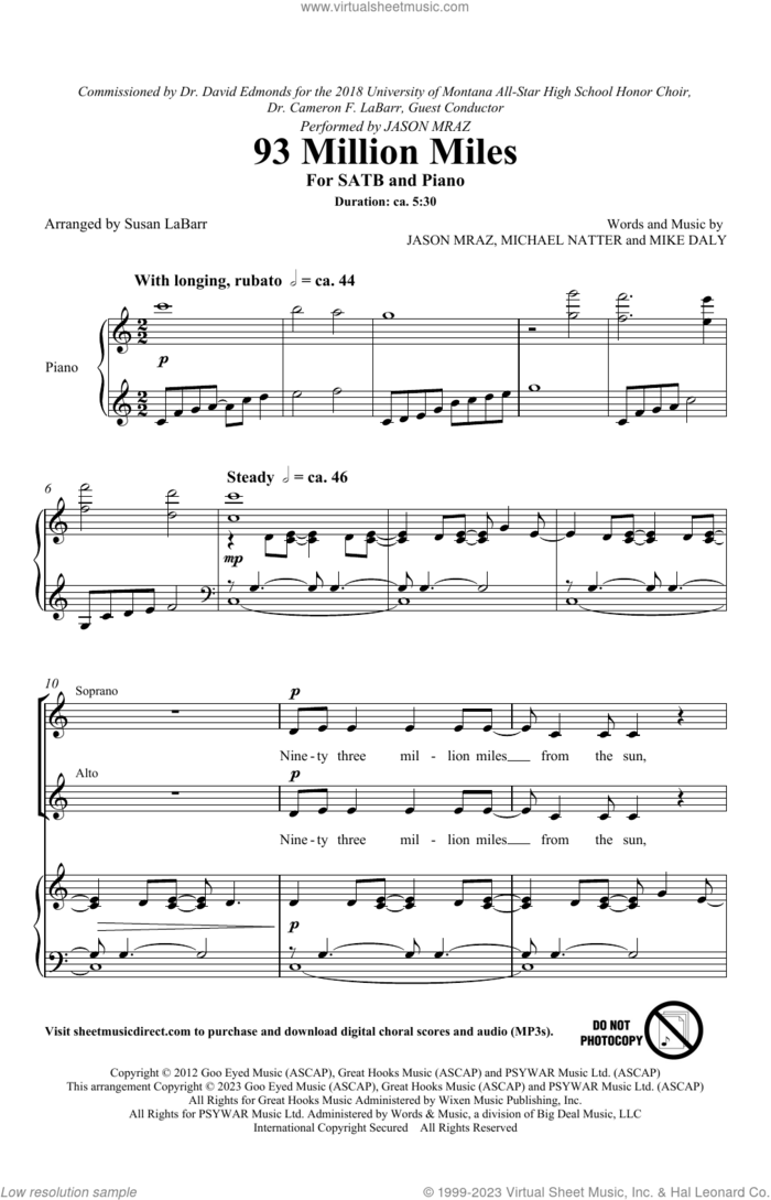 93 Million Miles (arr. Susan LaBarr) sheet music for choir (SATB: soprano, alto, tenor, bass) by Jason Mraz, Susan LaBarr, Michael Natter and Mike Daly, intermediate skill level