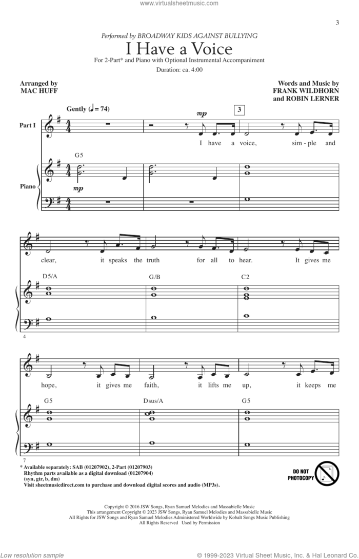 I Have A Voice (arr. Mac Huff) sheet music for choir (2-Part) by Broadway Kids Against Bullying, Mac Huff, Frank Wildhorn and Robin Lerner, intermediate duet
