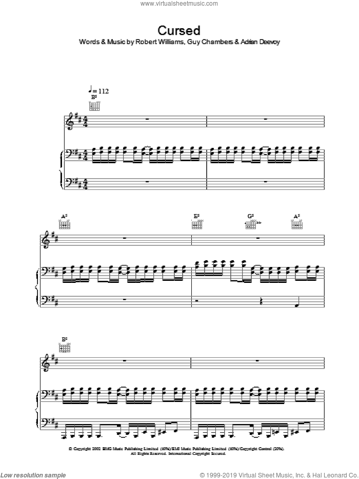 Cursed sheet music for voice, piano or guitar by Robbie Williams, intermediate skill level