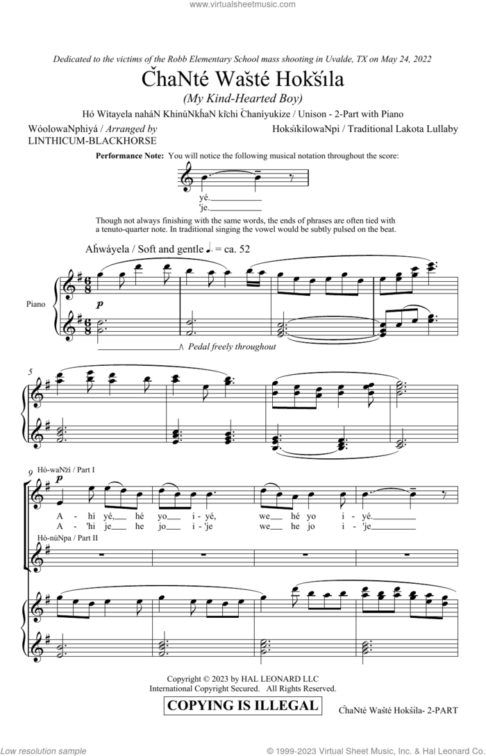 Chante Waste Hoksila (My Kind-Hearted Boy) (arr. Linthicum-Blackhorse) sheet music for choir (2-Part) by Traditional Lakota Lullaby and William Linthicum-Blackhorse, intermediate duet