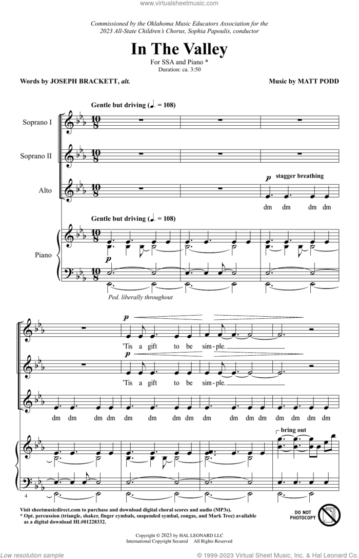 In The Valley sheet music for choir (SSA: soprano, alto) by Matt Podd and Joseph Brackett, intermediate skill level