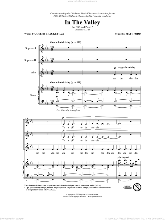 In The Valley sheet music for choir (SSA: soprano, alto) by Matt Podd and Joseph Brackett, intermediate skill level