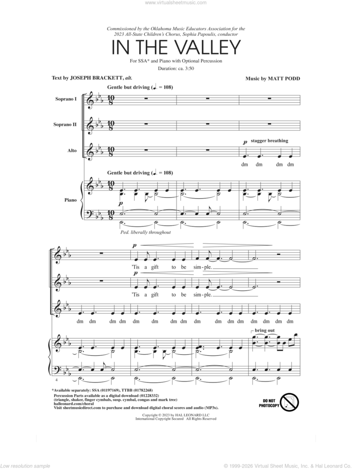In The Valley sheet music for choir (SSA: soprano, alto) by Matt Podd and Joseph Brackett, intermediate skill level