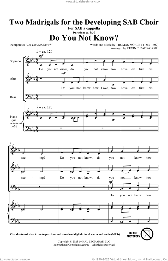 Two Madrigals For The Developing SAB Choir sheet music for choir (SAB: soprano, alto, bass) by Kevin Padworski, intermediate skill level
