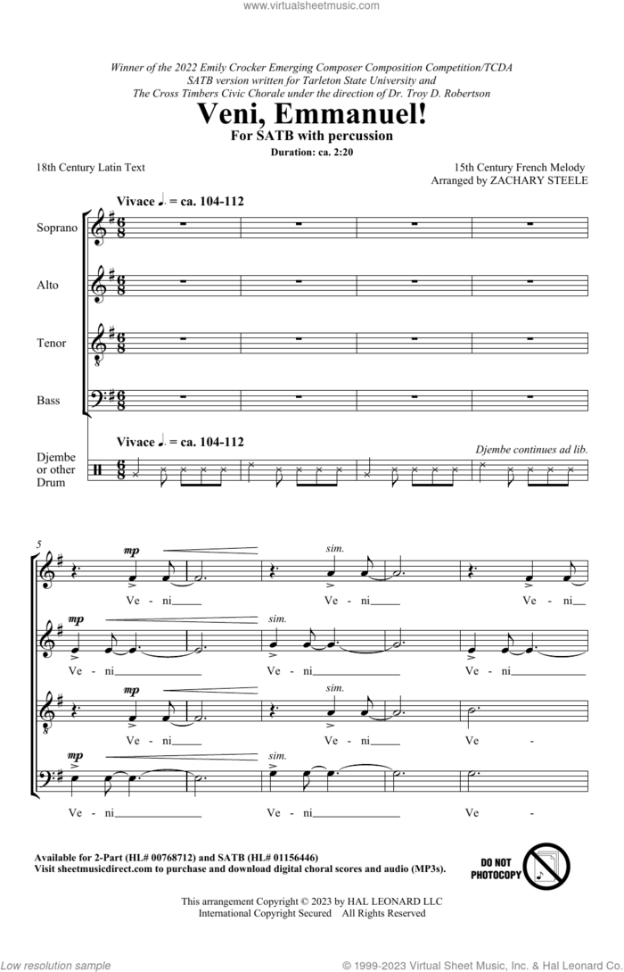 Veni, Emmanuel sheet music for choir (SATB: soprano, alto, tenor, bass) by Zachary Steele, intermediate skill level