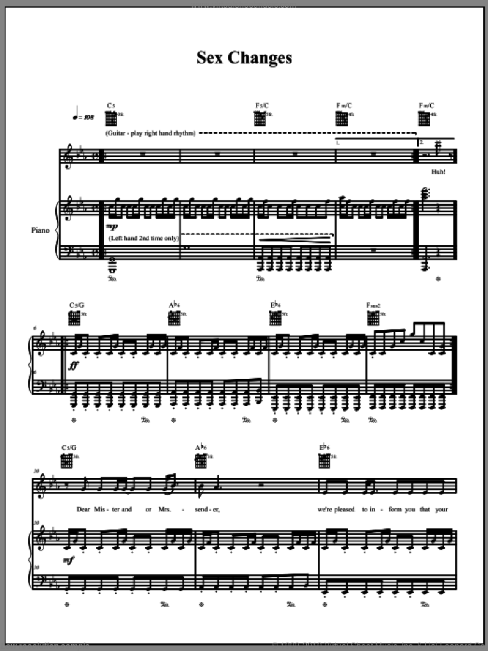 Sex Changes sheet music for voice, piano or guitar by The Dresden Dolls and Amanda Palmer, intermediate skill level