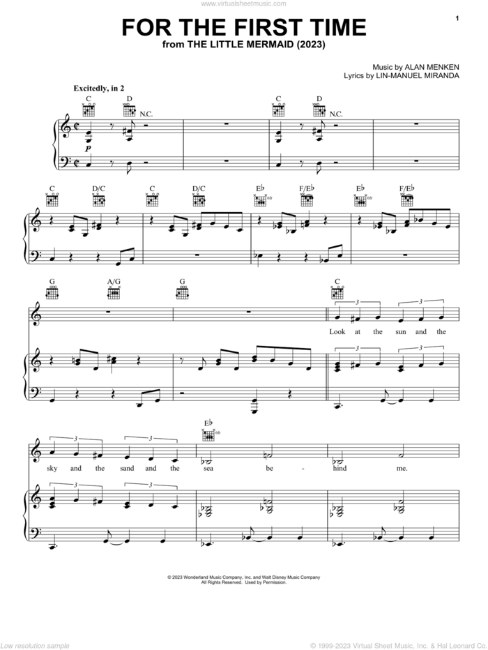 For The First Time (from The Little Mermaid) (2023) sheet music for voice, piano or guitar by Halle Bailey, Alan Menken and Lin-Manuel Miranda, intermediate skill level