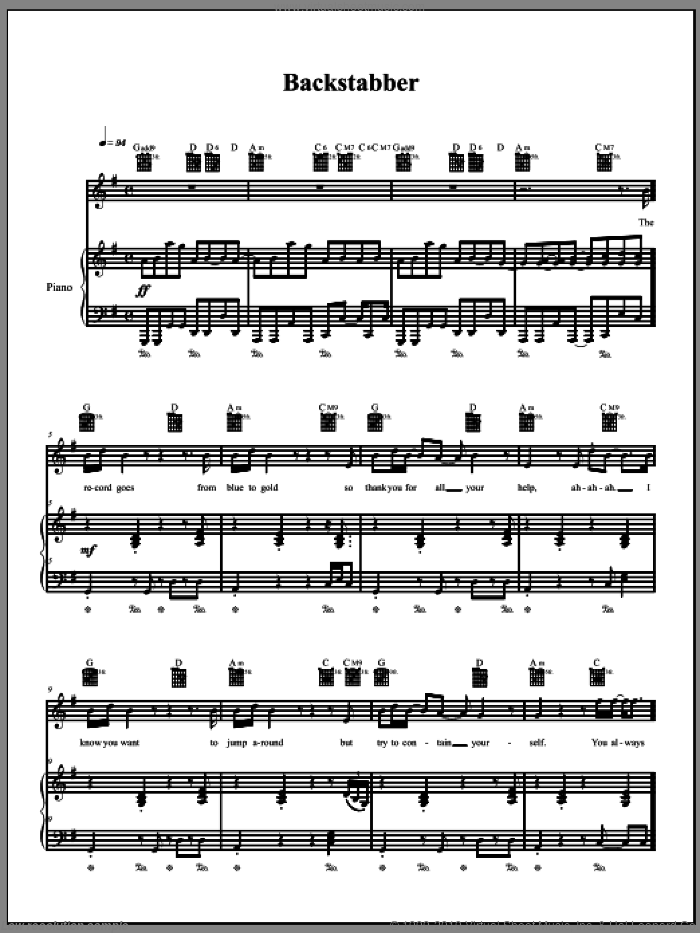 Backstabber sheet music for voice, piano or guitar by The Dresden Dolls and Amanda Palmer, intermediate skill level