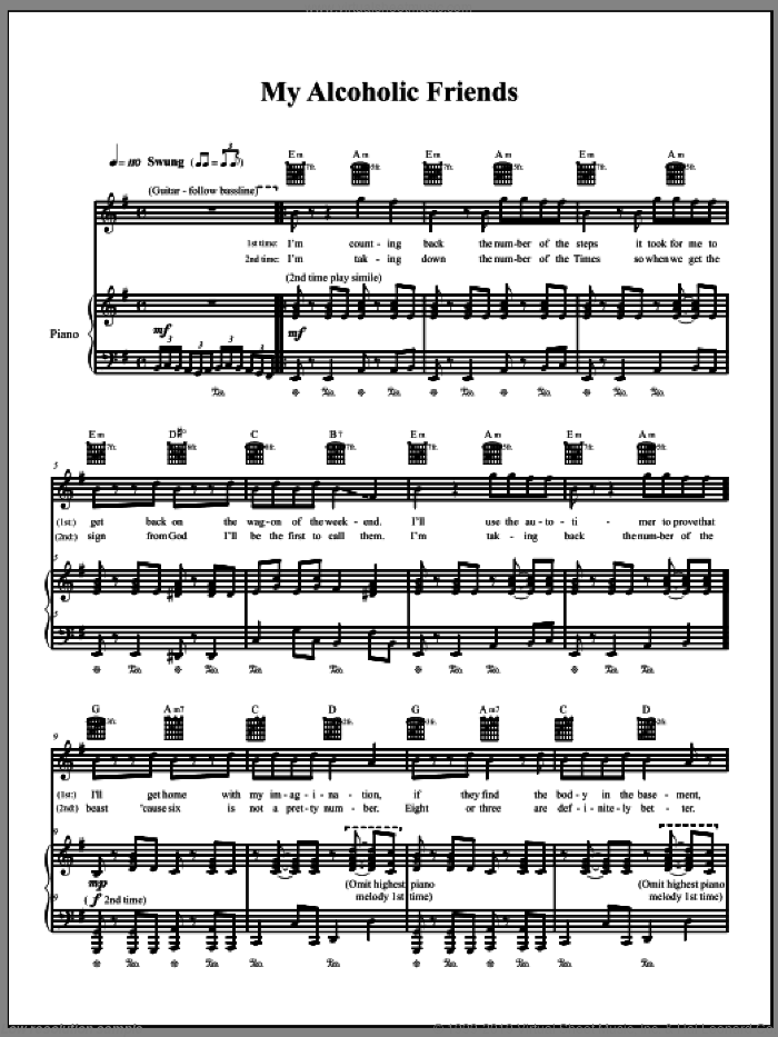 My Alcoholic Friends sheet music for voice, piano or guitar by The Dresden Dolls and Amanda Palmer, intermediate skill level