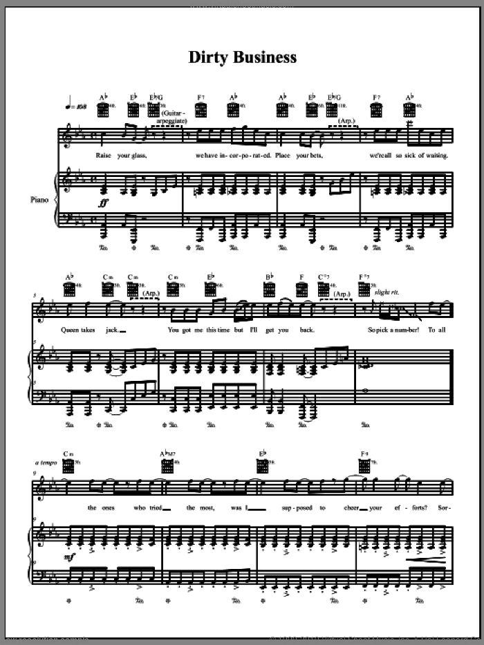 Dirty Business sheet music for voice, piano or guitar by The Dresden Dolls and Amanda Palmer, intermediate skill level
