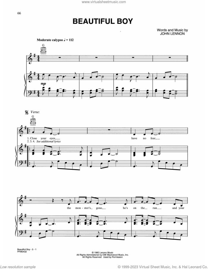 Beautiful Boy (Darling Boy) sheet music for voice, piano or guitar by Celine Dion and John Lennon, classical score, intermediate skill level