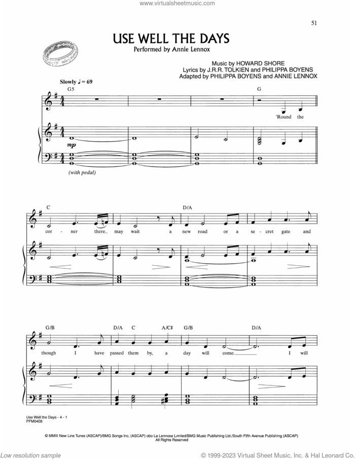 Use Well The Days (from Lord Of The Rings) sheet music for voice and piano by Annie Lennox, Frances Rosemary Walsh and Howard Shore, intermediate skill level