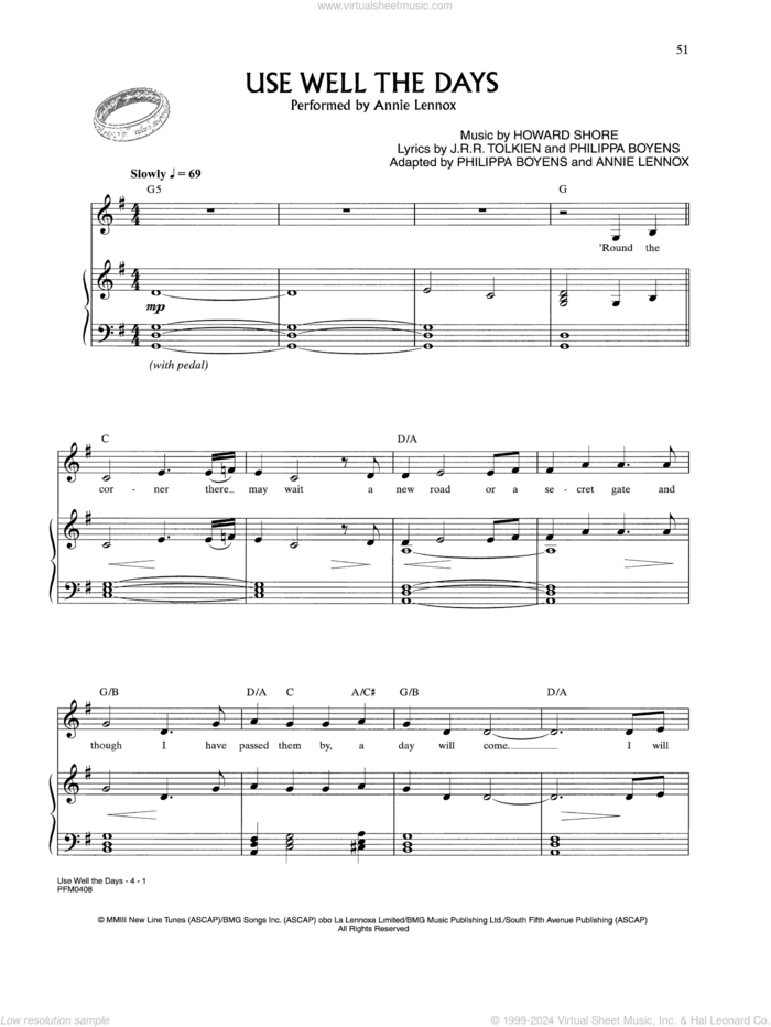 Use Well The Days (from Lord Of The Rings) sheet music for voice and piano by Annie Lennox, Frances Rosemary Walsh and Howard Shore, intermediate skill level