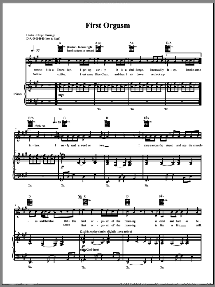 First Orgasm sheet music for voice, piano or guitar by The Dresden Dolls and Amanda Palmer, intermediate skill level