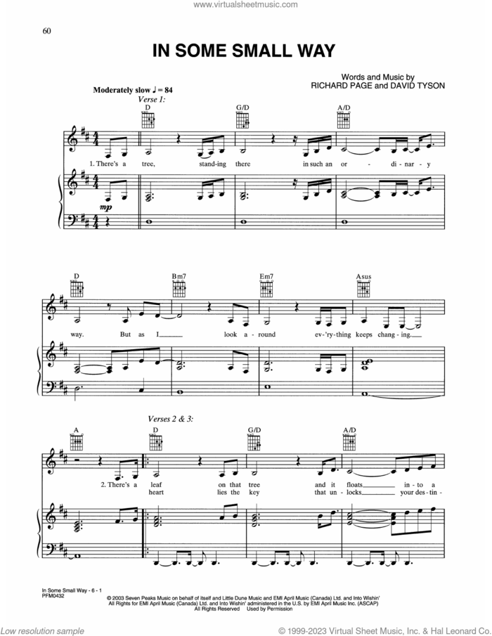In Some Small Way sheet music for voice, piano or guitar by Celine Dion, David Tyson and Richard Page, intermediate skill level