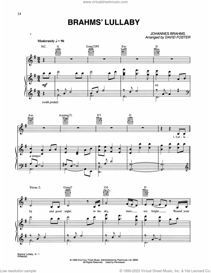 Brahm's Lullaby sheet music for voice, piano or guitar by Celine Dion, Bill Ross and David Foster, classical score, intermediate skill level