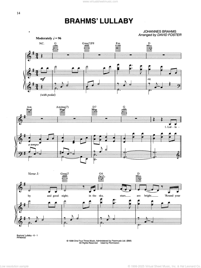 Brahm's Lullaby sheet music for voice, piano or guitar by Celine Dion, Bill Ross and David Foster, classical score, intermediate skill level