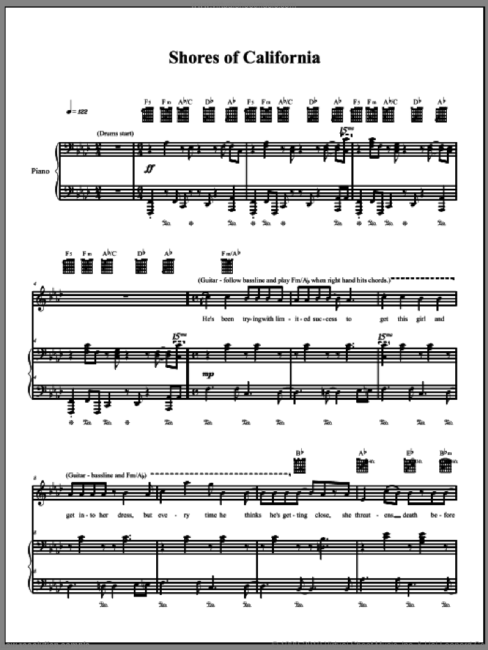 Shores Of California sheet music for voice, piano or guitar by The Dresden Dolls and Amanda Palmer, intermediate skill level