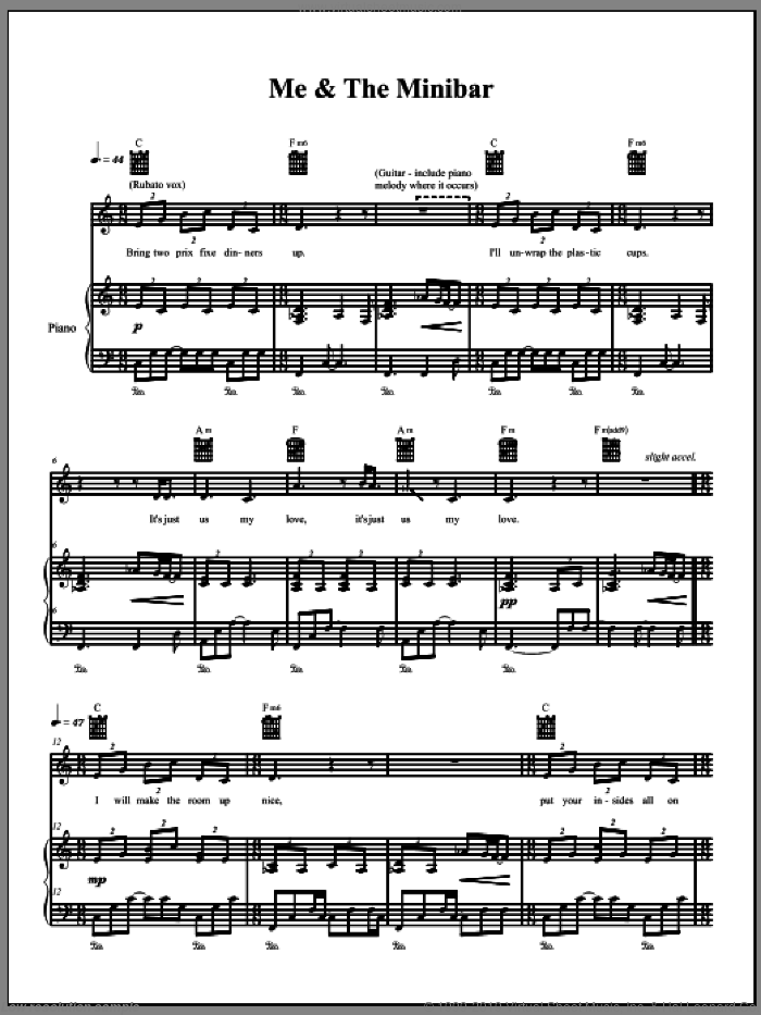 Me and The Minibar sheet music for voice, piano or guitar by The Dresden Dolls and Amanda Palmer, intermediate skill level