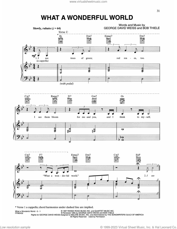 What A Wonderful World sheet music for voice, piano or guitar by Celine Dion, Louis Armstrong, Bob Thiele and George David Weiss, intermediate skill level