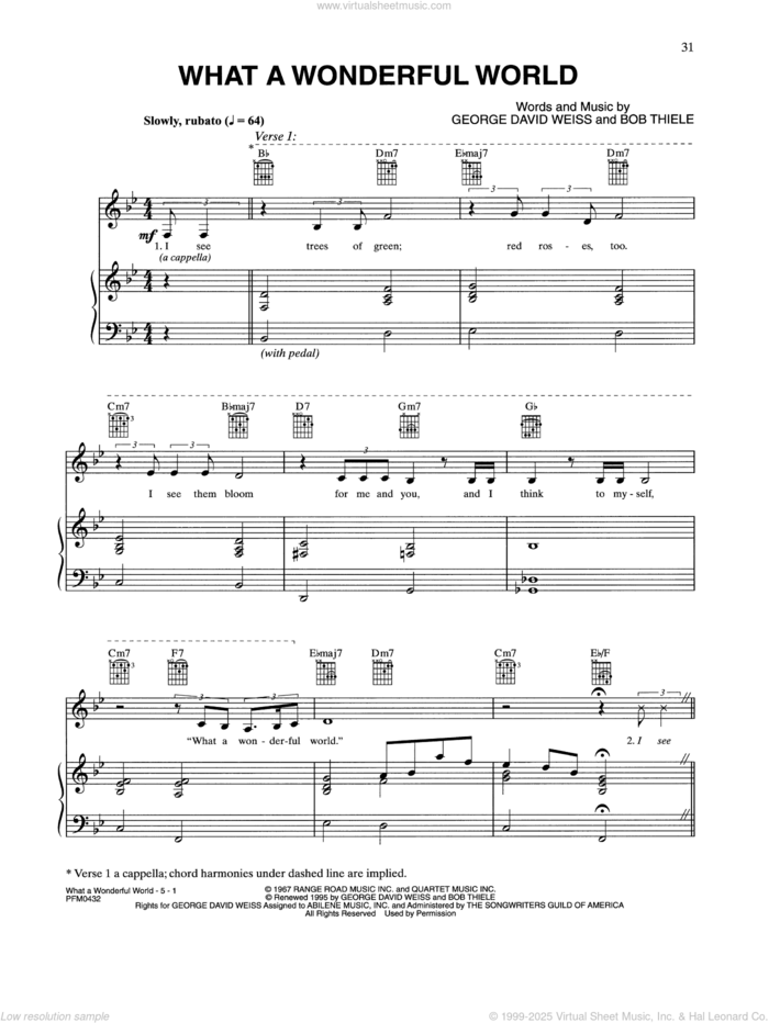 What A Wonderful World sheet music for voice, piano or guitar by Celine Dion, Louis Armstrong, Bob Thiele and George David Weiss, intermediate skill level