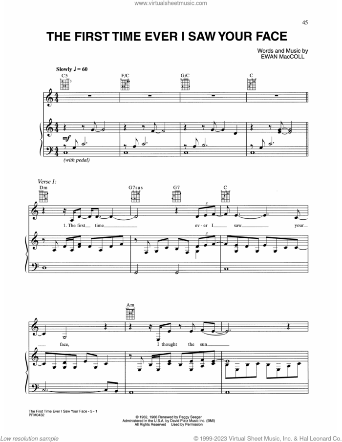 The First Time Ever I Saw Your Face sheet music for voice, piano or guitar by Celine Dion, Roberta Flack and Ewan MacColl, intermediate skill level
