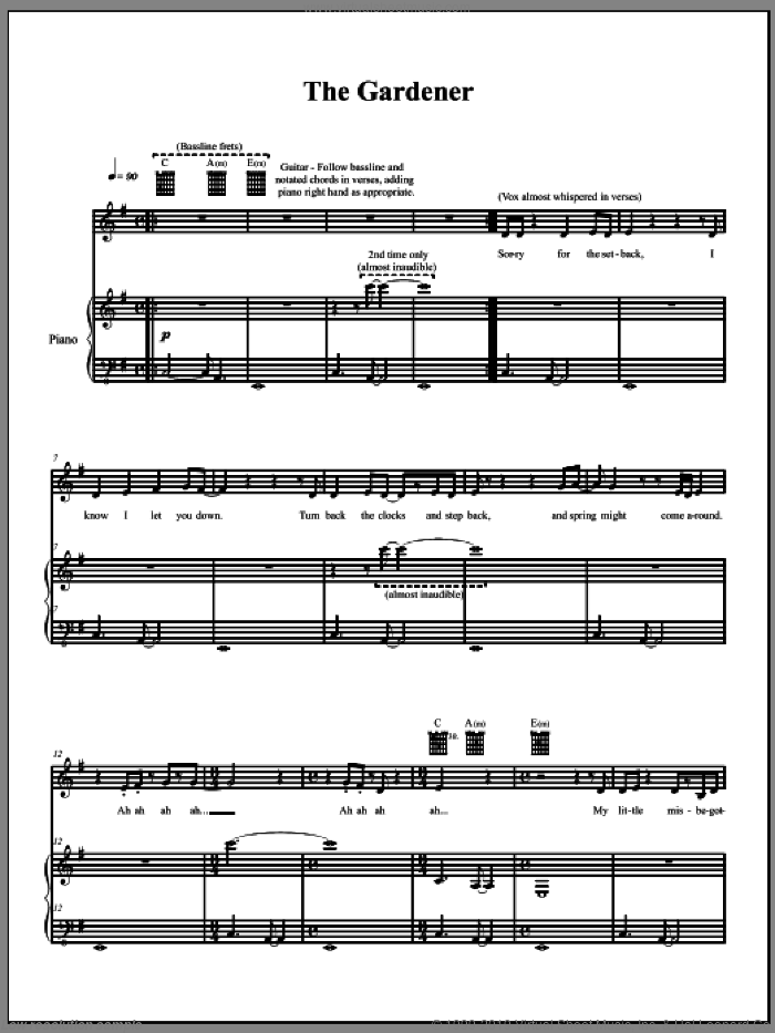 The Gardener sheet music for voice, piano or guitar by The Dresden Dolls and Amanda Palmer, intermediate skill level