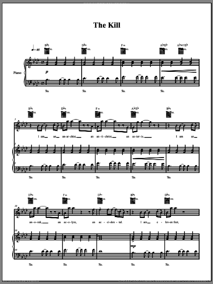 The Kill sheet music for voice, piano or guitar by The Dresden Dolls and Amanda Palmer, intermediate skill level