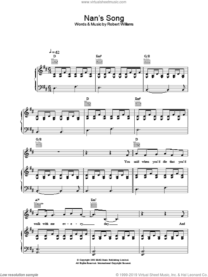 Nan's Song sheet music for voice, piano or guitar by Robbie Williams, intermediate skill level