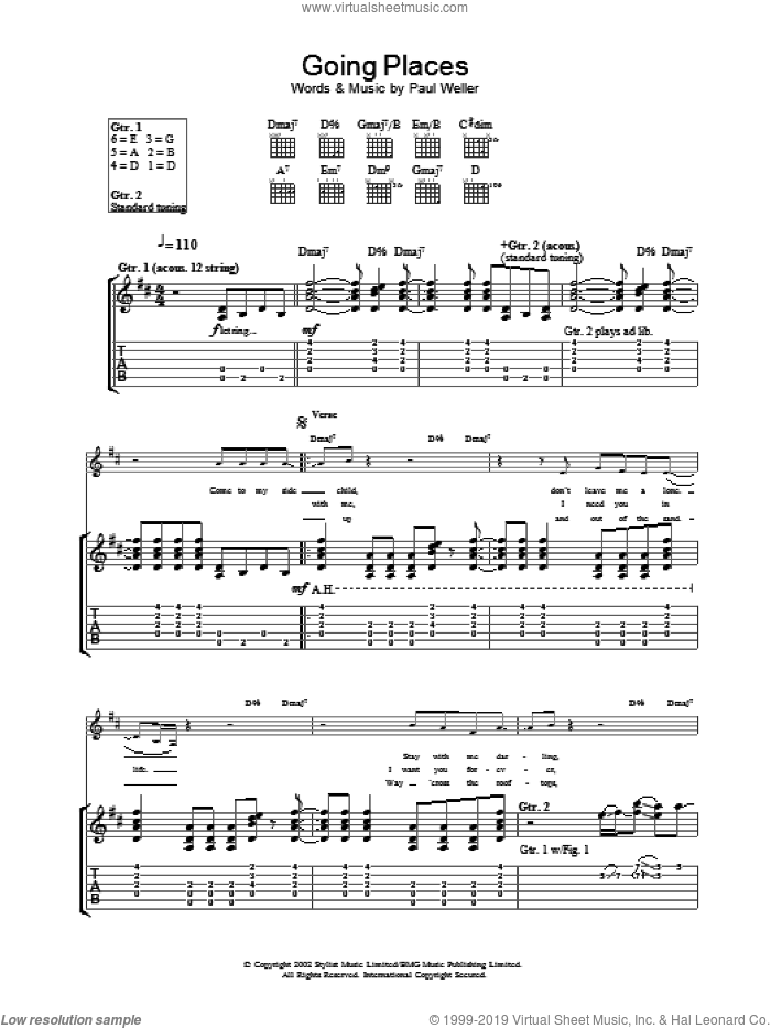 Going Places sheet music for guitar (tablature) by Paul Weller, intermediate skill level