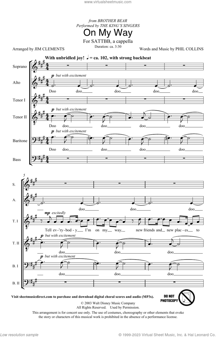 On My Way (from Brother Bear) (arr. Jim Clements) sheet music for choir (SATB Divisi) by Phil Collins and Jim Clements, intermediate skill level