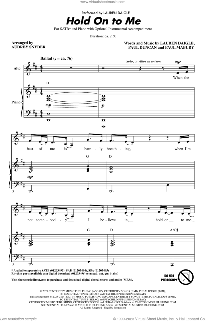 Hold On To Me (arr. Audrey Snyder) sheet music for choir (SATB: soprano, alto, tenor, bass) by Lauren Daigle, Audrey Snyder, Paul Duncan and Paul Mabury, intermediate skill level