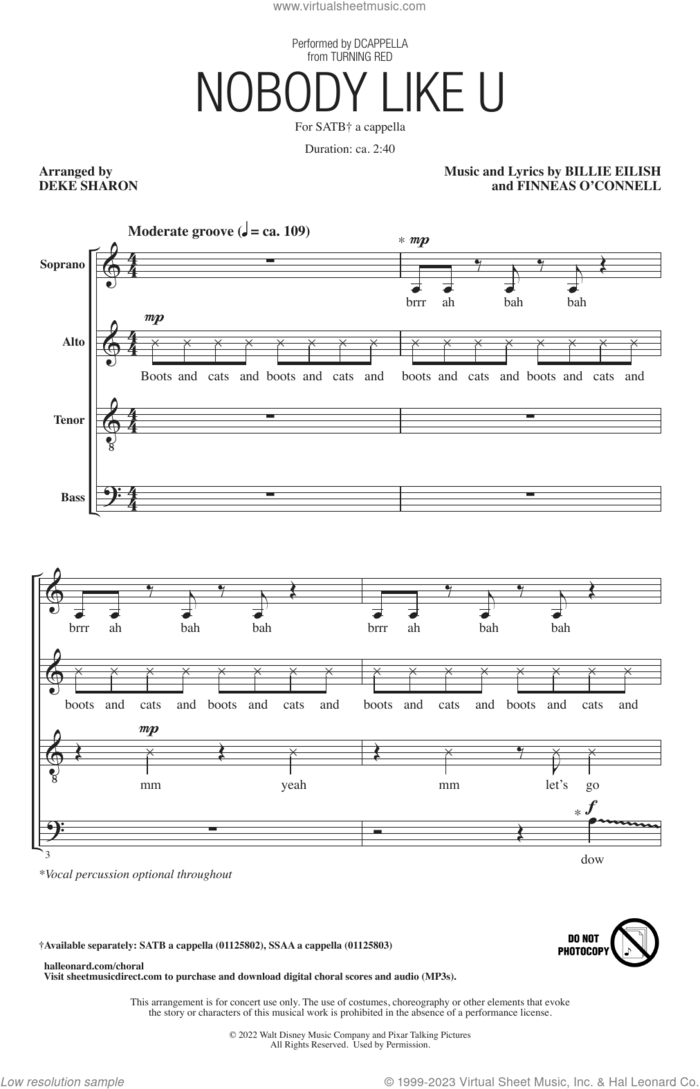 Nobody Like U (from Turning Red) (arr. Deke Sharon) sheet music for choir (SATB: soprano, alto, tenor, bass) by DCappella, Deke Sharon, 4*TOWN and Billie Eilish, intermediate skill level