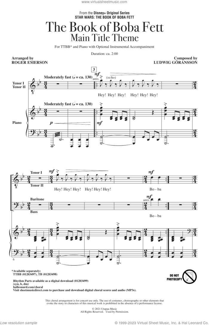 The Book Of Boba Fett Main Title Theme (arr. Roger Emerson) sheet music for choir (TTBB: tenor, bass) by Ludwig Göransson and Roger Emerson, intermediate skill level