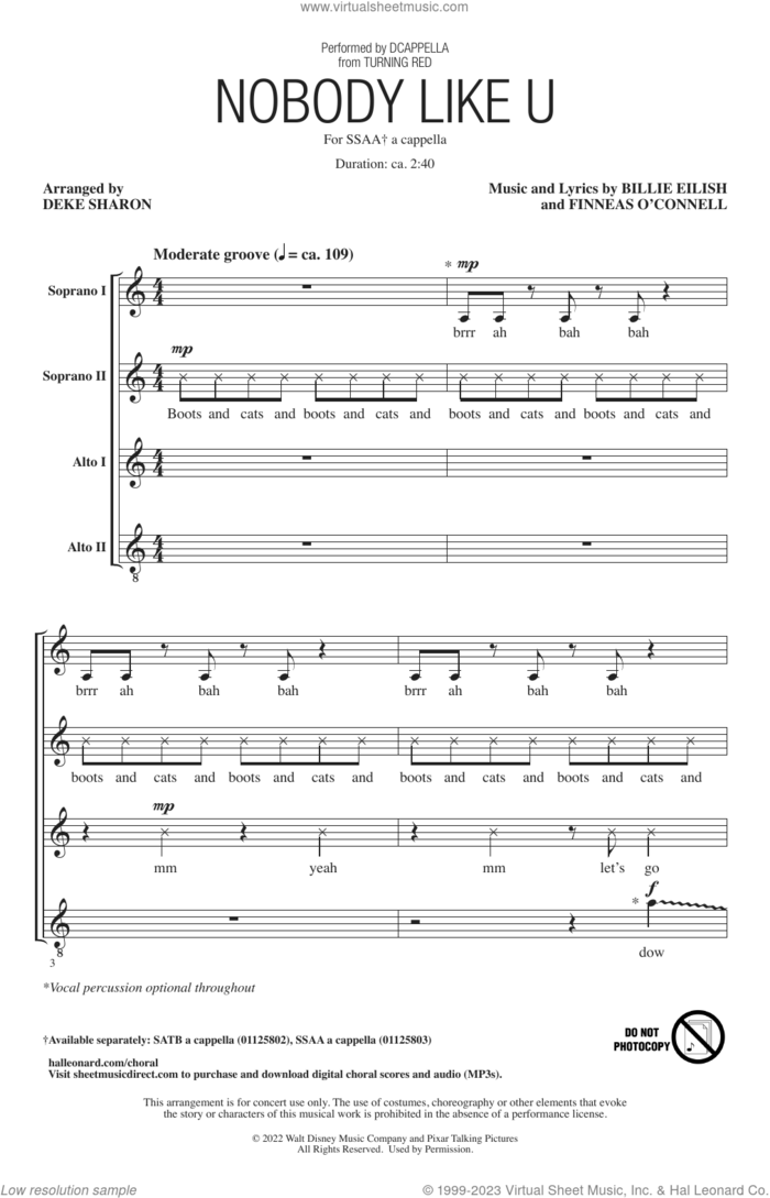 Nobody Like U (from Turning Red) (arr. Deke Sharon) sheet music for choir (SSAA: soprano, alto) by DCappella, Deke Sharon, 4*TOWN and Billie Eilish, intermediate skill level