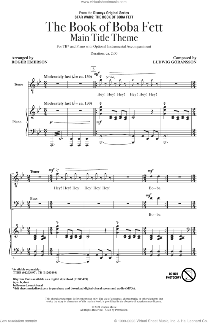 The Book Of Boba Fett Main Title Theme (arr. Roger Emerson) sheet music for choir (TB: tenor, bass) by Ludwig Göransson and Roger Emerson, intermediate skill level