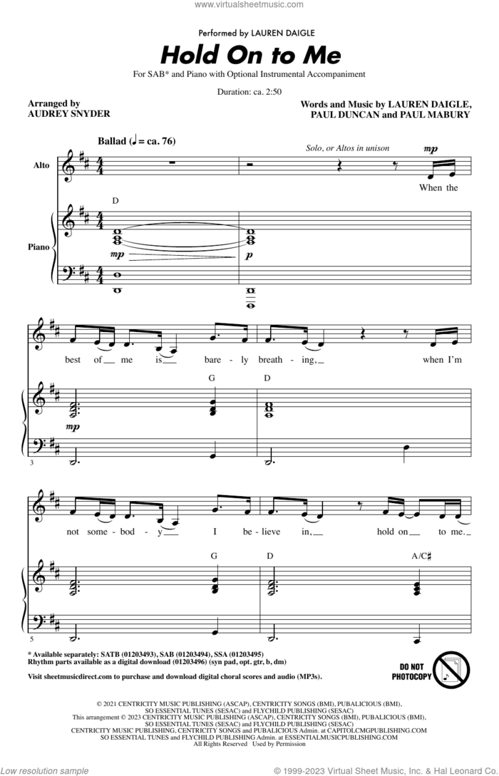 Hold On To Me (arr. Audrey Snyder) sheet music for choir (SAB: soprano, alto, bass) by Lauren Daigle, Audrey Snyder, Paul Duncan and Paul Mabury, intermediate skill level