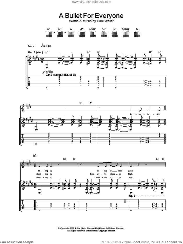 A Bullet For Everyone sheet music for guitar (tablature) by Paul Weller, intermediate skill level