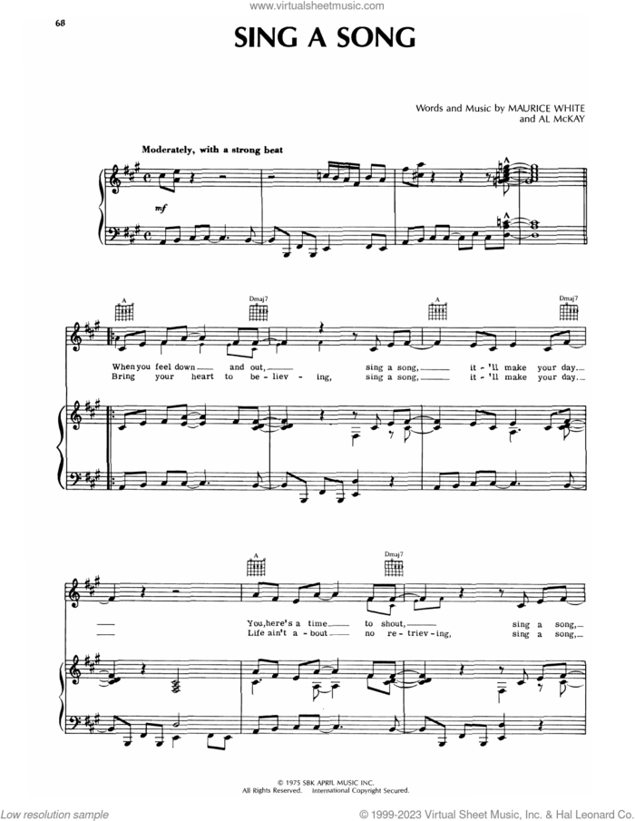 Sing A Song sheet music for voice, piano or guitar by Earth, Wind & Fire, Al McKay and Maurice White, intermediate skill level