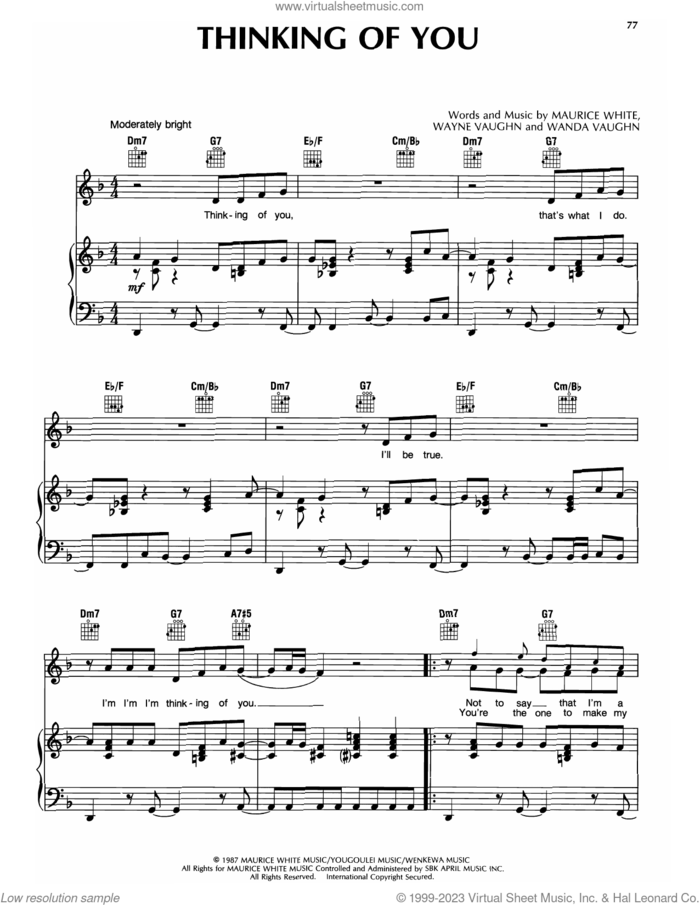 Thinking Of You sheet music for voice, piano or guitar by Earth, Wind & Fire, Maurice White, Wanda Vaughn and Wayne Vaughn, intermediate skill level