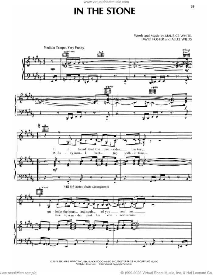 In The Stone sheet music for voice, piano or guitar by Earth, Wind & Fire, Allee Willis, David Foster and Maurice White, intermediate skill level