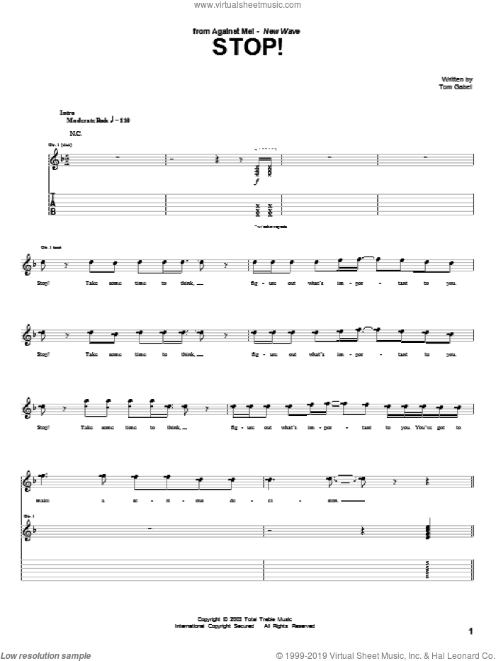 Stop! sheet music for guitar (tablature) by Against Me! and Tom Gabel, intermediate skill level
