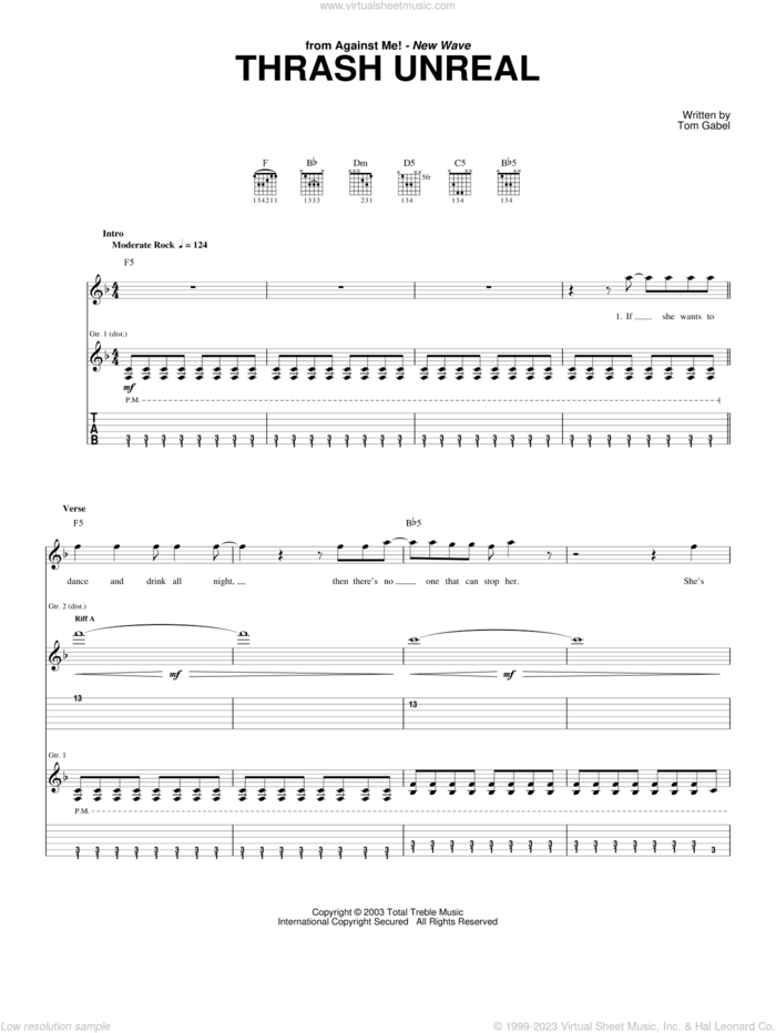 Thrash Unreal sheet music for guitar (tablature) by Against Me! and Tom Gabel, intermediate skill level