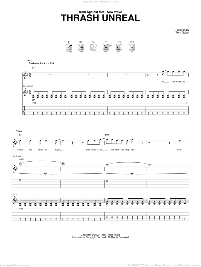 Thrash Unreal sheet music for guitar (tablature) by Against Me! and Tom Gabel, intermediate skill level