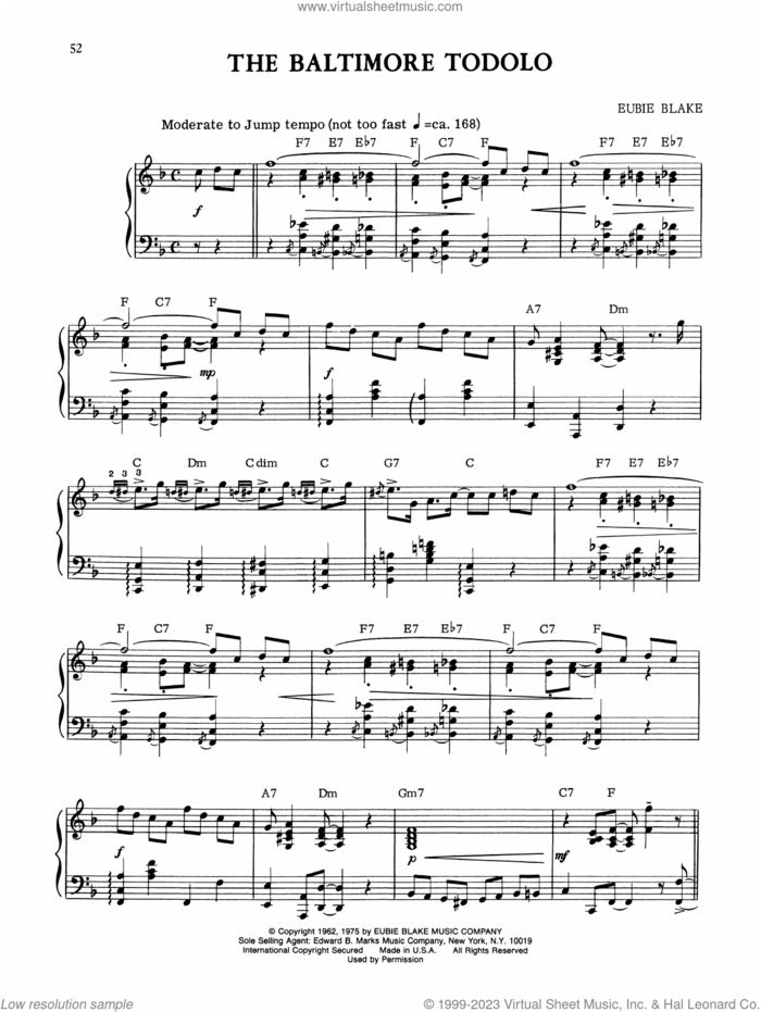 The Baltimore Todolo sheet music for piano solo by Eubie Blake, intermediate skill level