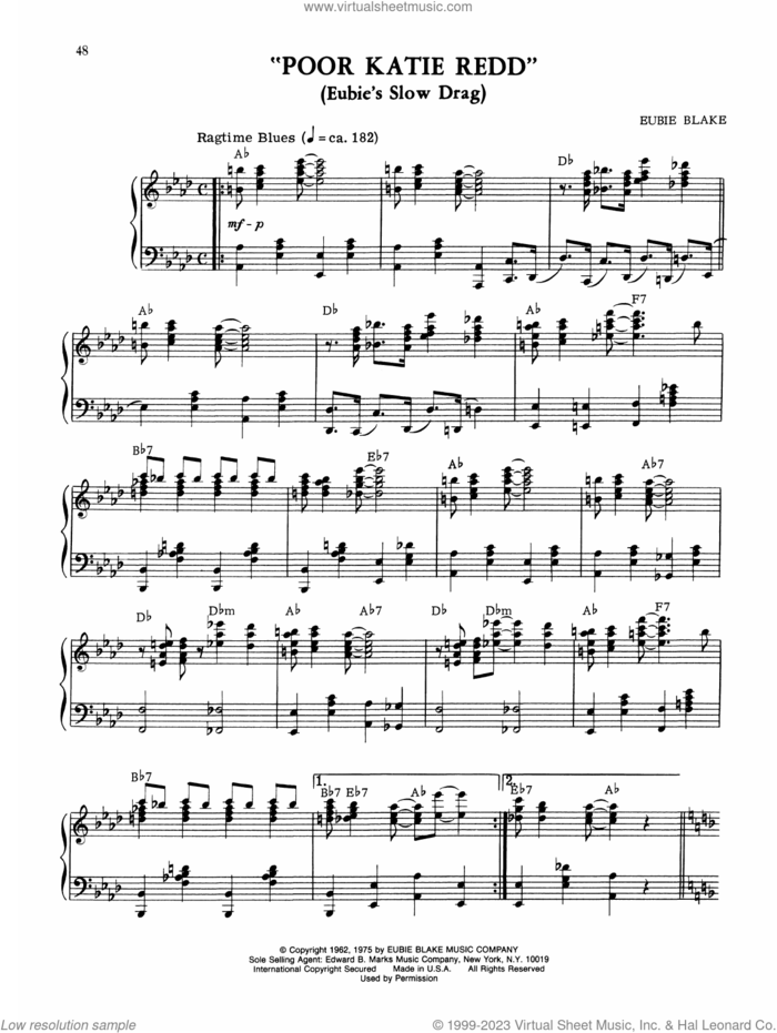 Poor Katie Redd (Eubie's Slow Drag) sheet music for piano solo by Eubie Blake, intermediate skill level