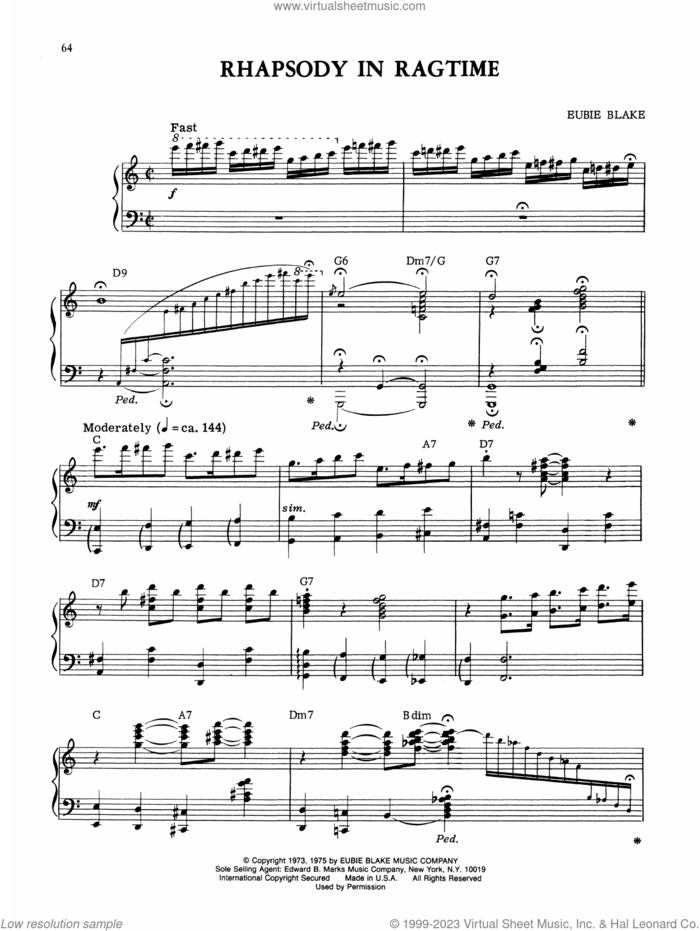 Rhapsody In Ragtime sheet music for piano solo by Eubie Blake, intermediate skill level